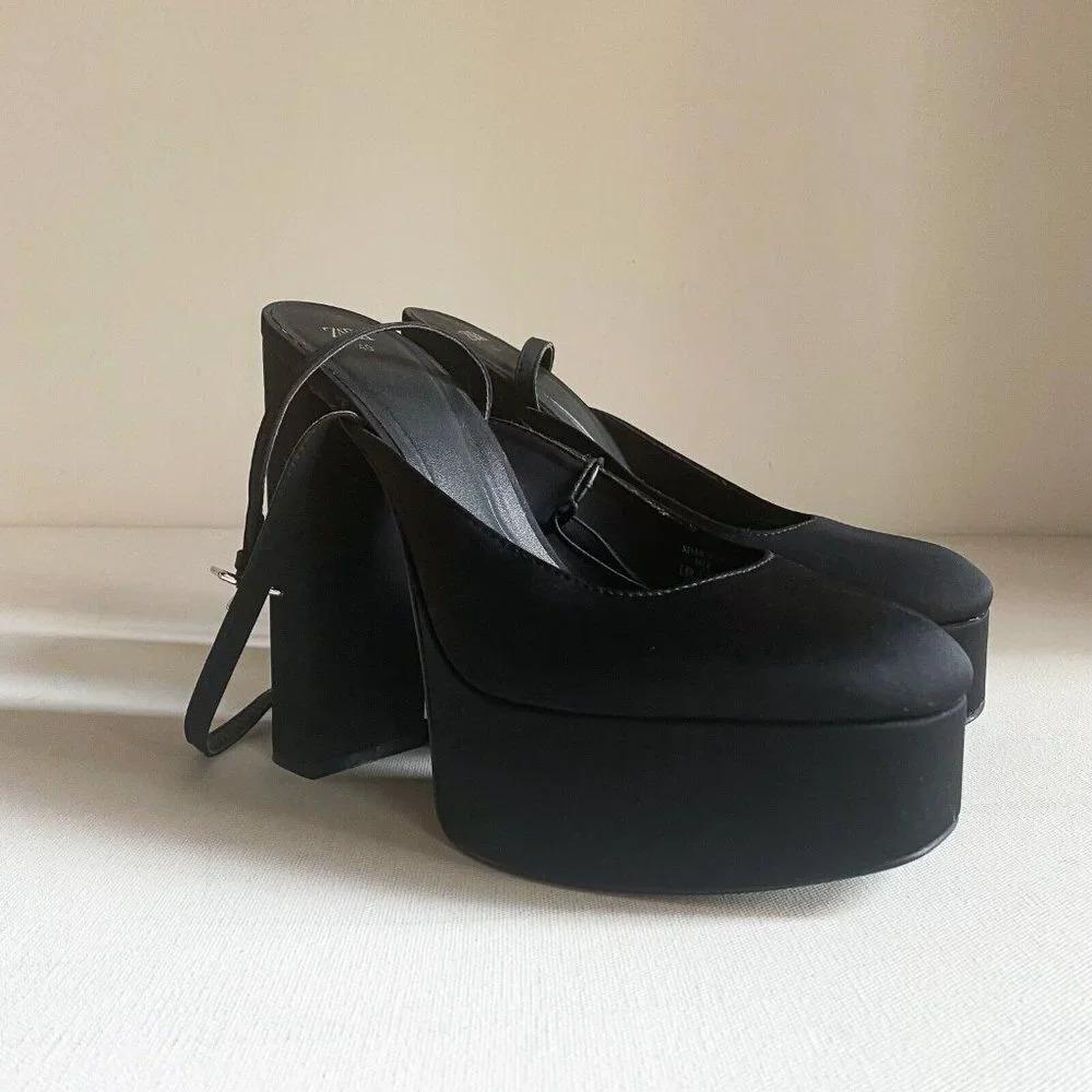 NWT Black Chunky Platform Nylon Ankle Wrap Closure heels 40 - Picture 2 of 11